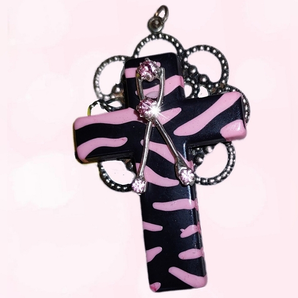 Pink Zebra Pattern Cross + Pink Crystal Ribbon - Picture 12 of 12